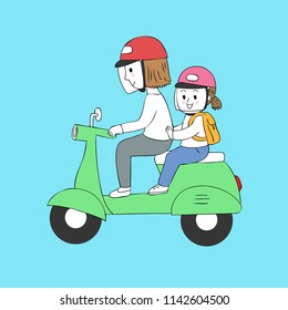 Cartoon cute mom and baby riding a motorcycle to school vector.