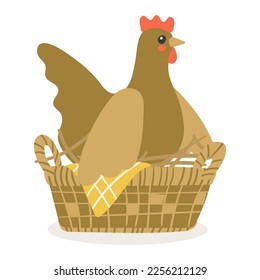 Cartoon cute mom chicken in a basket hatching eggs. Basket with straw. Simple cartoon isolated vector illustration. Printing an Easter illustration on a postcard, T-shirt.