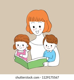 Cartoon cute mom and children reading a book vector.