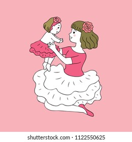 Cartoon cute mom and girl together vector.