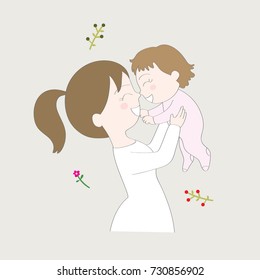 Cartoon cute Mom is playing and kissing daughter vector.