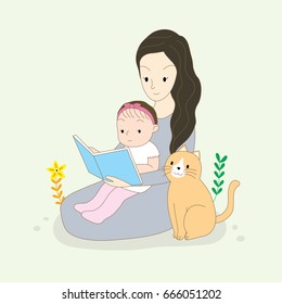 Cartoon cute mom reading book with her baby and orange cat vector.