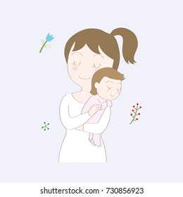 Cartoon cute Mom is taking her daughter to bed vector.