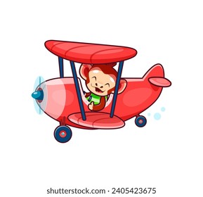 Cartoon cute monkey animal character on plane. Jungle cute animal baby flying on propeller airplane, adorable monkey kid isolated vector personage traveling on vintage plane, sitting in old aircraft