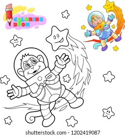 cartoon cute monkey astronaut flies among the stars coloring book