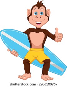 cartoon cute monkey carrying surfboard