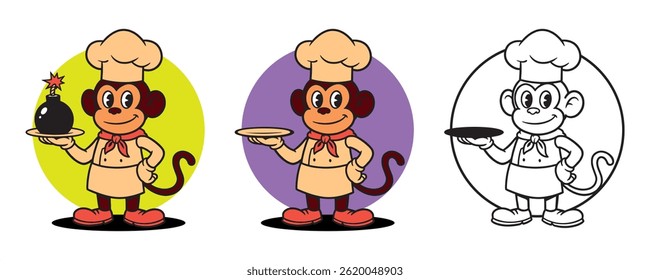Cartoon cute monkey chef holding a covered dish, vector illustration. Ideal for culinary branding, children's content, or food-related designs
