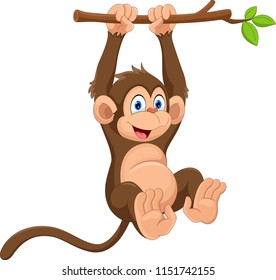 Cartoon cute monkey hanging on tree branch