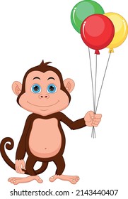 cartoon cute monkey holding balloons on white background