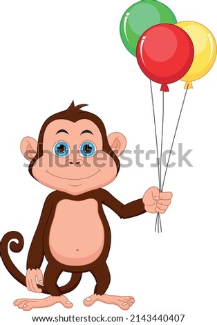cartoon cute monkey holding balloons on white background