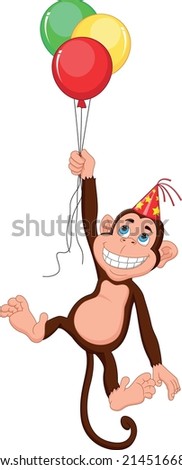 cartoon cute monkey holding balloons and wearing a party hat
