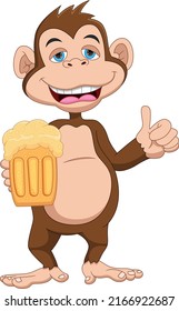 cartoon cute monkey holding beer in the glass