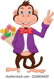 cartoon cute monkey holding flowers