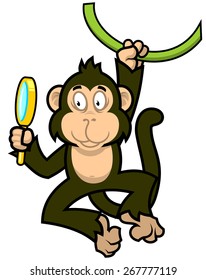 Cartoon cute monkey with magnifier.