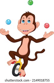 cartoon cute monkey riding bicycle and juggling balls