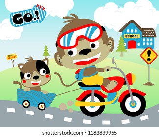 Cartoon of cute monkey riding motorbike while pulling cat in cart on landscape background