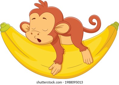 cartoon cute monkey sleeping on big banana