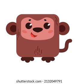 A cartoon cute monkey with a square shape. Square icon for apps or games. Vector illustration isolated on white background