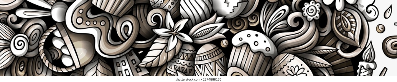 Cartoon cute monochrome vector doodles Happy Easter horizontal banner design