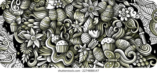 Dibujo lindo doodles vectoriales monocromáticos Feliz Pascua diseño de banderas horizontales