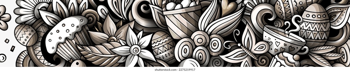 Cartoon cute monochrome vector doodles Happy Easter horizontal banner design