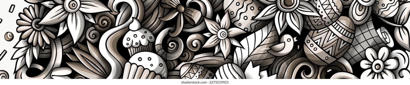 Cartoon cute monochrome vector doodles Happy Easter horizontal banner design