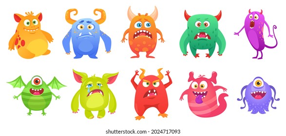 Cartoon cute monster character with funny faces. Quirky monsters, ugly scary troll, friendly alien, or ghost creature mascot vector set. Comic scary colorful beasts with teeth and horns