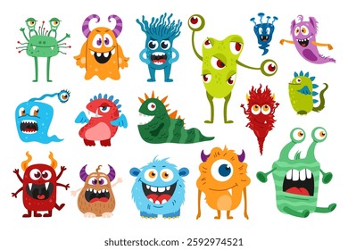 Cartoon cute monster characters of vector funny alien animal creatures, scary toys and little Halloween beasts, happy bacteria and comic dragons. Cute fluffy color monster characters with crazy smiles