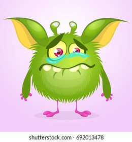 Cartoon Cute Monster Crying. Vector Illustration Of Furry Round Gremlin. Monster Emotions