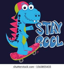 Cartoon cute monster Dinosaur, Freestyle Skate, funny dragon, little Dino drawing. Vector