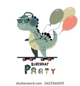 Cartoon cute monster dinosaur freestyle skate vector.Dinosaur loves music vector illustration . Picture for children's clothes . Party invitation . Dino's birthday.