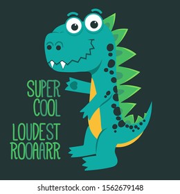 Cartoon cute monster Dinosaur, funny green dragon, little Dino drawing. Vector