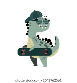 Desenho animado monstro bonito Dinossauro com óculos e skate. Skate Estilo Livre. Engraçado dragão. Desenhando Dino. Vecto.