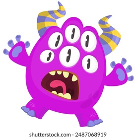 Cartoon cute monster with funny excited face expression and many eyes waving hands