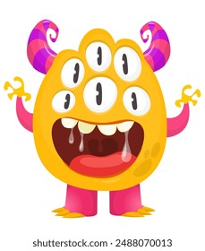 Cartoon cute monster with funny excited face expression waving hands . Vector illustration isolated. Halloween design