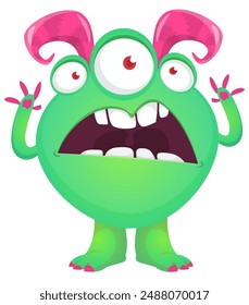 Cartoon cute monster with funny excited face expression waving hands . Vector illustration isolated. Halloween design