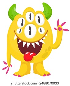 Cartoon cute monster with funny excited face expression waving hands . Vector illustration isolated. Halloween design