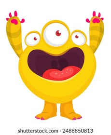 Cartoon cute monster with funny excited face expression waving hands . Vector illustration isolated. Halloween design