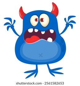 Cartoon cute monster with funny excited face expression waving hands . Vector illustration isolated Halloween design