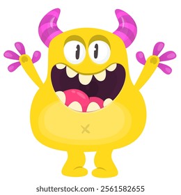 Cartoon cute monster with funny excited face expression waving hands . Vector illustration isolated Halloween design