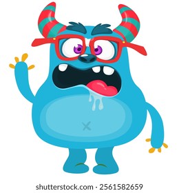 Cartoon cute monster with funny excited face expression waving hands . Vector illustration isolated Halloween design