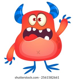 Cartoon cute monster with funny excited face expression waving hands . Vector illustration isolated Halloween design