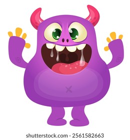 Cartoon cute monster with funny excited face expression waving hands . Vector illustration isolated Halloween design