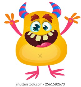 Cartoon cute monster with funny excited face expression waving hands . Vector illustration isolated Halloween design