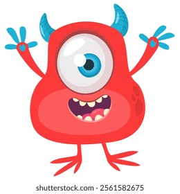 Cartoon cute monster with funny excited face expression waving hands . Vector illustration isolated Halloween design