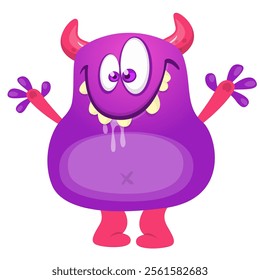 Cartoon cute monster with funny excited face expression waving hands . Vector illustration isolated Halloween design