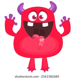 Cartoon cute monster with funny excited face expression waving hands . Vector illustration isolated Halloween design