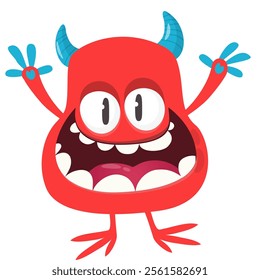 Cartoon cute monster with funny excited face expression waving hands . Vector illustration isolated Halloween design