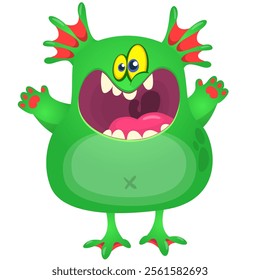 Cartoon cute monster with funny excited face expression waving hands . Vector illustration isolated Halloween design