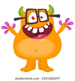 Cartoon cute monster with funny excited face expression waving hands . Vector illustration isolated Halloween design